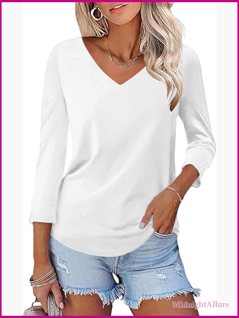 V Neck T Shirts 34 Sleeve Blouse Dressy Casual Solid Basic Tees